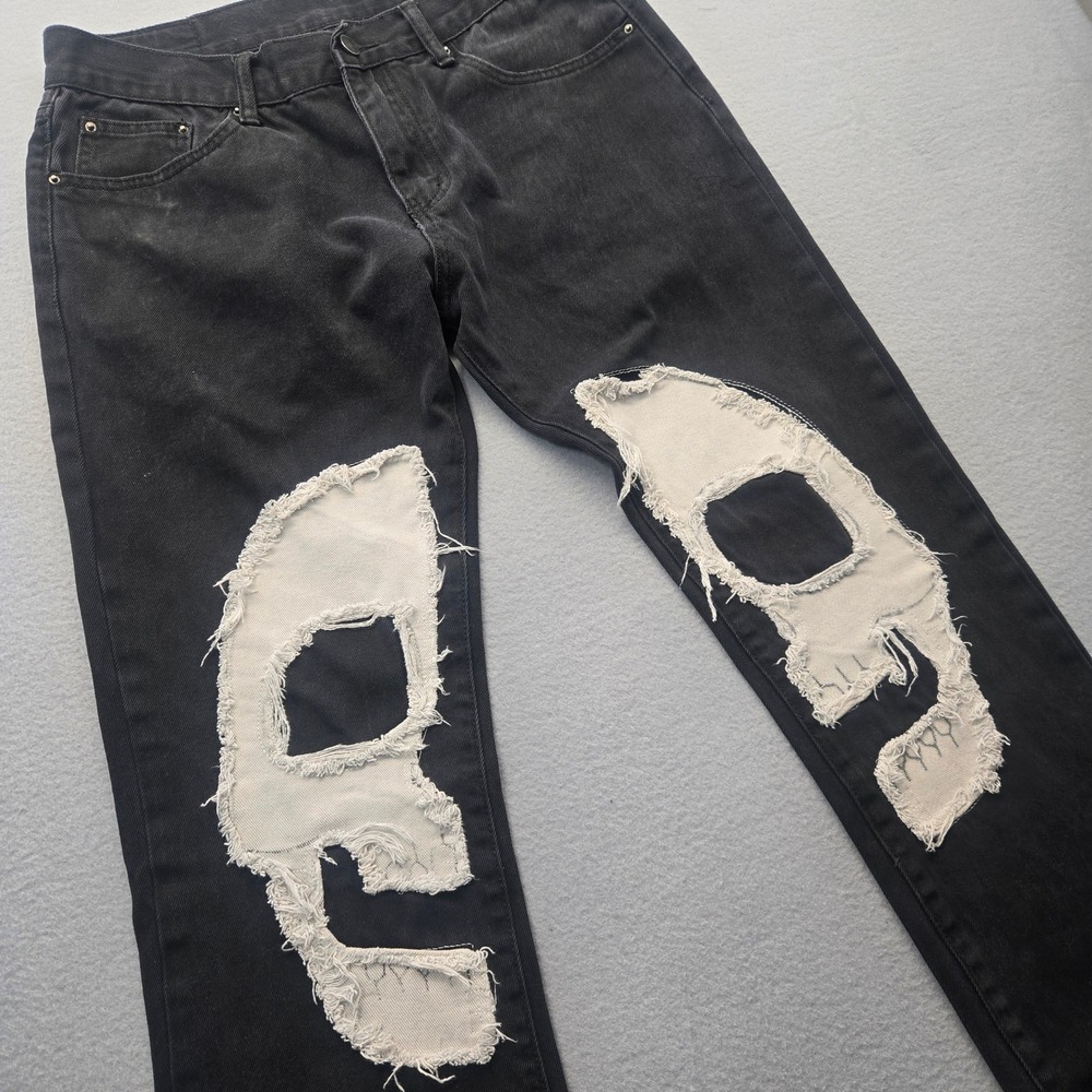 MNML Mens Skull Patch Distressed Black Denim Jeans Size 32 Frayed Hem Streetwear